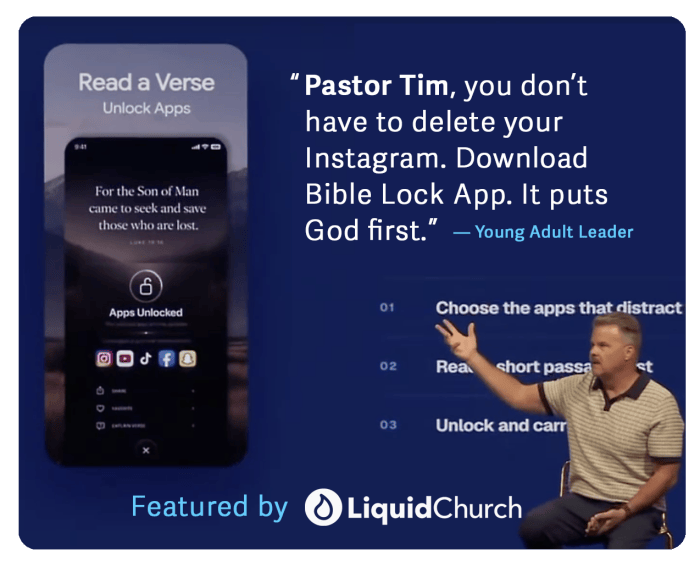 A young adult leader speaking about the Bible Lock App, emphasizing its benefits for managing distractions from social media. The background includes a mobile phone displaying the app, with text explaining how to unlock apps after reading Bible verses.