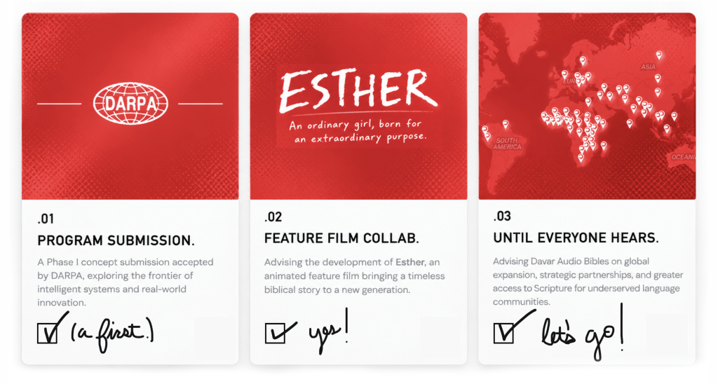 CLLCTV Agency portfolio showcase featuring three strategic project cards for DARPA innovation advisory, Esther animated feature film advisory, and Davar Audio Bible global expansion advisory.